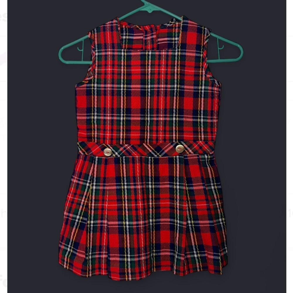 VTG 50s-60s Kids Plaid Sleeveless Mini Dress With Gold Buttons